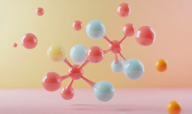 3D rendering of a molecular structure with interconnected red, blue, and yellow spheres against a gradient pastel background stock illustration