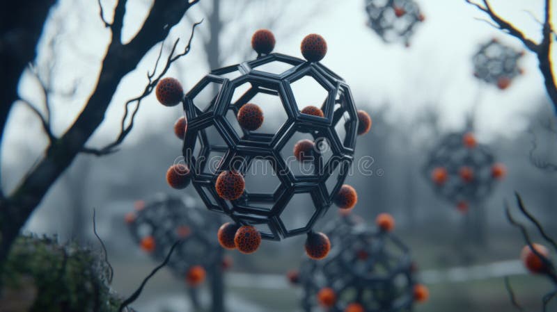 A 3D rendering of a molecular structure with orange spheres and black hexagonal lattice. royalty free illustration