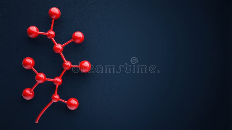 A 3D rendering of a molecular structure in red against a dark blue background. stock illustration
