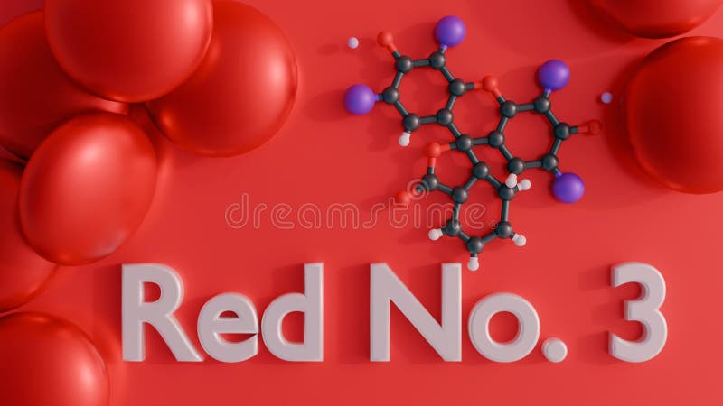 3D molecular structure of Red No. 3 and red candies stock illustration