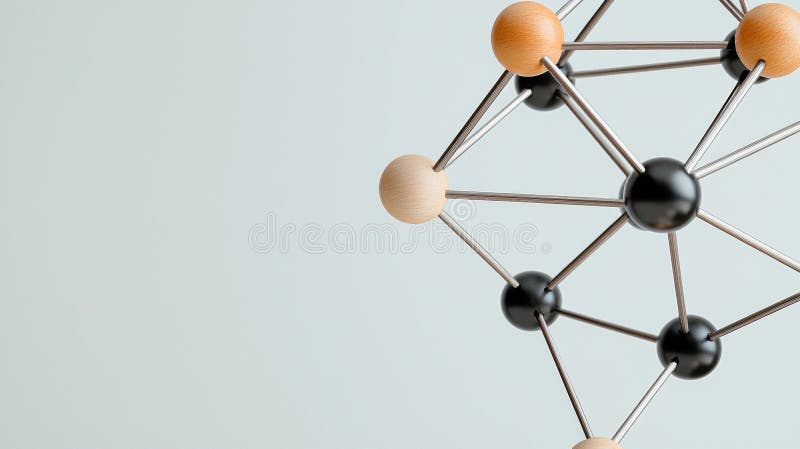 A 3D rendering of a molecular structure with spheres representing atoms and lines connecting them. The image presents a 3D rendering of a molecular structure composed of a network of interconnected metal rods and spheres. The metal rods, appearing in a silver or gray color, form a lattice-like structure that supports the spheres. The spheres are a mix of light and dark brown, with the lighter brown spheres being larger and the darker brown spheres being smaller. The spheres are connected by the metal rods, creating a network of bonds. The entire structure is set against a light blue background, which provides a stark contrast to the metallic elements. AI generated