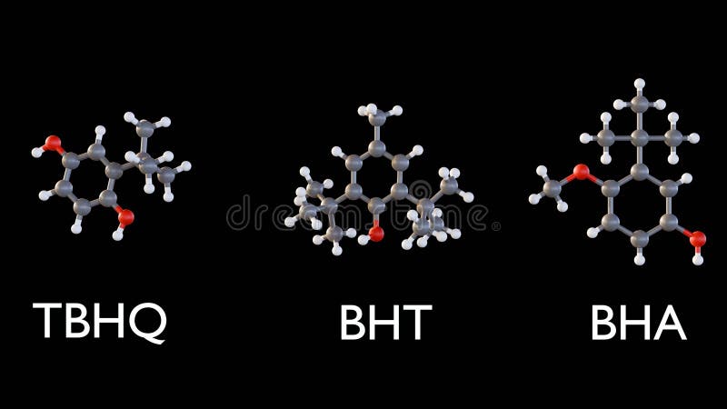 A 3d rendering of molecular structures of BHA, BHT, TBHQ royalty free illustration