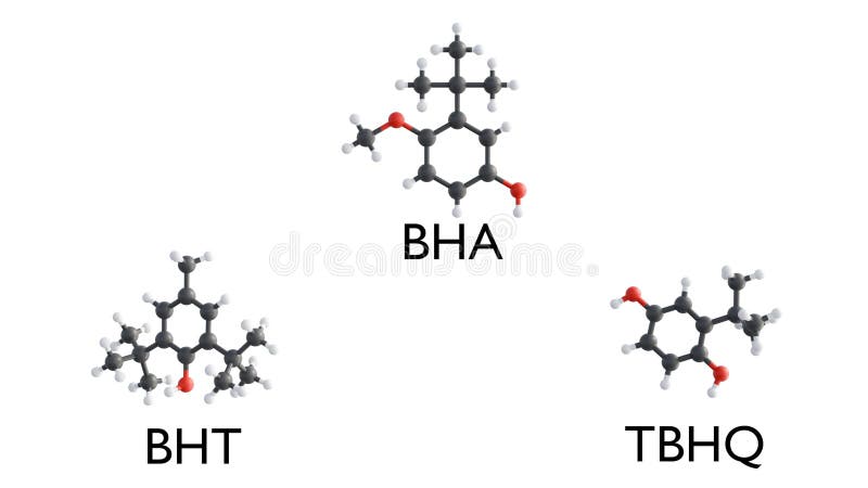 A 3d rendering of molecular structures of BHA, BHT, TBHQ stock illustration