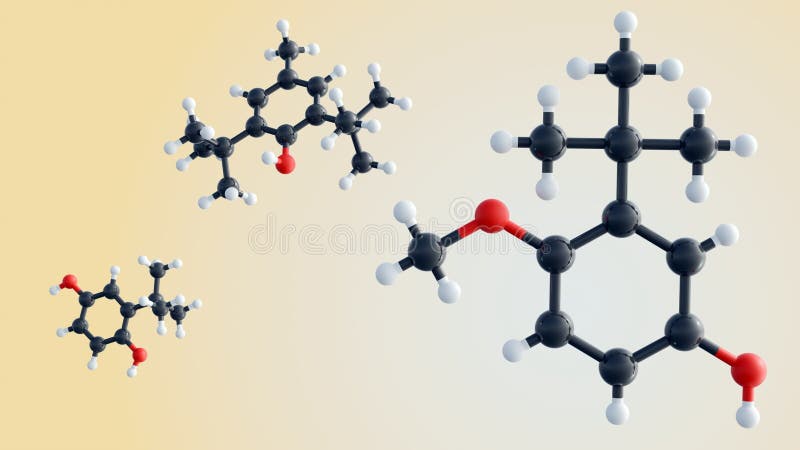 A 3d rendering of molecular structures of BHA, BHT, TBHQ royalty free illustration