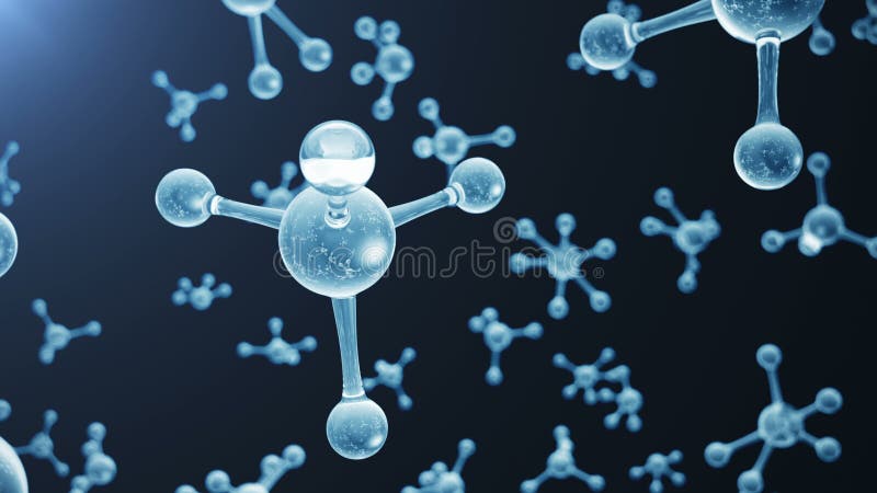 3D rendering molecule structure. Scientific medical background with atoms and molecules. Blue background. Seamless scientific background, looped animation. Molecule consists of atoms chemical element. Oxygen molecule blue illustrations