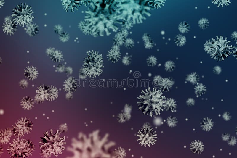 3D rendering, multi-color coronavirus cells covid-19 influenza flowing on violet and blue color gradient background as dangerous vector illustration