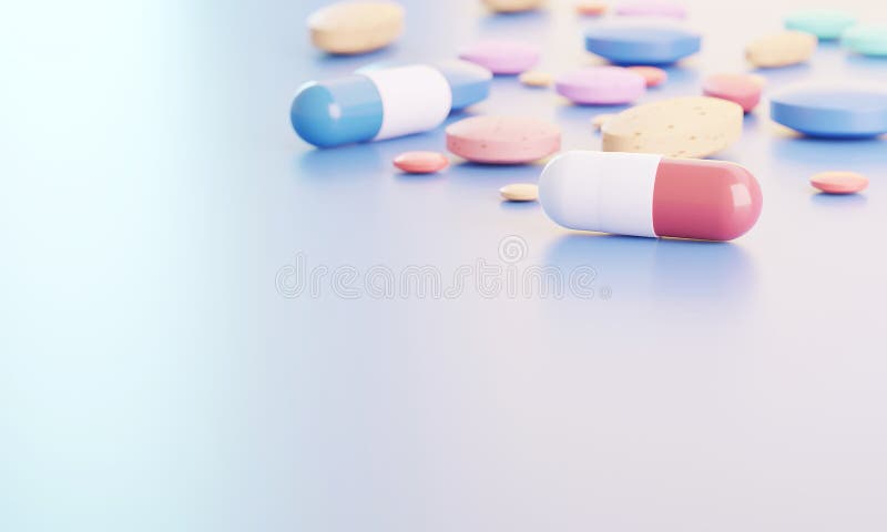 3d rendering Multi colored pills and capsules placed on the background. stock illustration