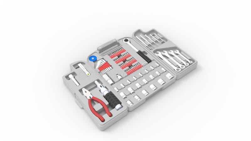 3D rendering of a multi purpose toolbox tools displayed open in empty space studio background.