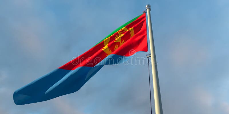 3d rendering of the national flag of the Eritrea in the evening at sunset against a background of beautiful clouds
