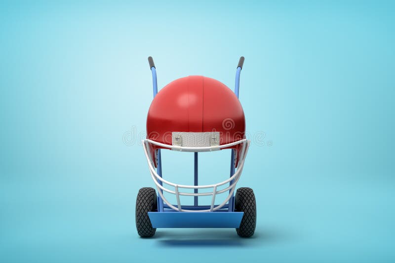 3d rendering of navy blue hand truck standing upright with red sport helmet on it on light-blue background. royalty free illustration 3d rendering of navy blue hand truck standing upright with red sport helmet on it on light-blue background. royalty free illustration
