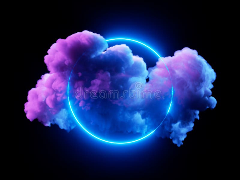 3d rendering. Neon cloud with glowing ring, isolated on black background. Round frame. Fantastic wallpaper vector illustration