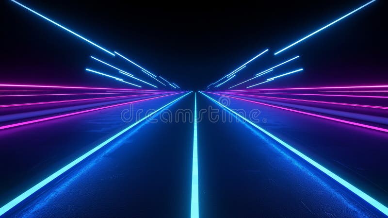 A 3D rendering of a neon light trail in motion on a dark background. Abstract blue and purple light beams with a fast stock illustration