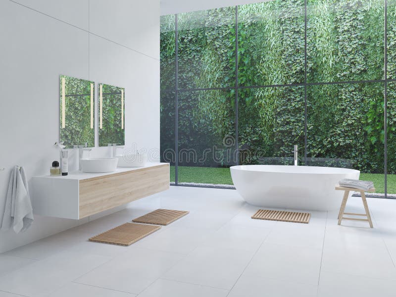 3D new modern zen bathroom with tropic plants. 3d rendering