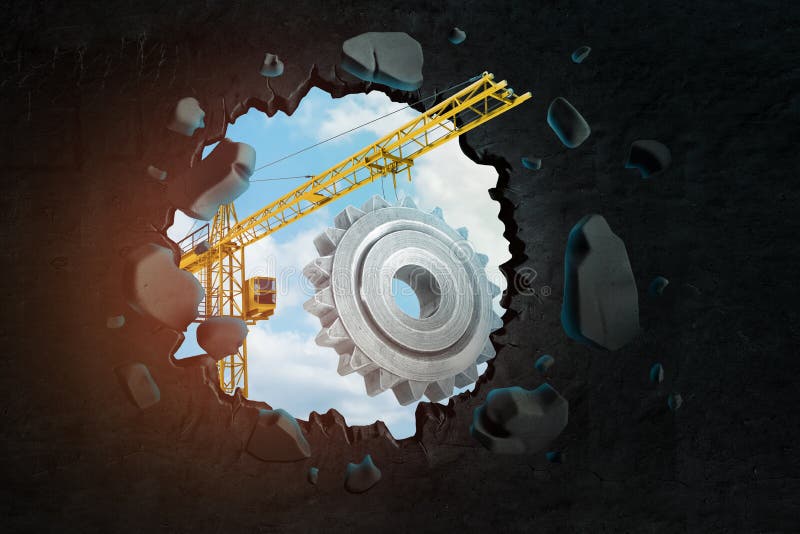 3d rendering niesie dużego popielatego cogwheel i uderza pięścią dużej dziury w czerni ścianie budowa żuraw ilustracja wektor