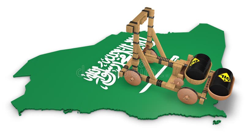 3D rendering of an old catapult with a barrel of oil on the territory of Saudi Arabia. The idea of an economic confrontation royalty free illustration 3D rendering of an old catapult with a barrel of oil on the territory of Saudi Arabia. The idea of an economic confrontation royalty free illustration