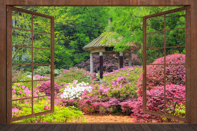 3d rendering of open wooden windows with a view of the waterfall