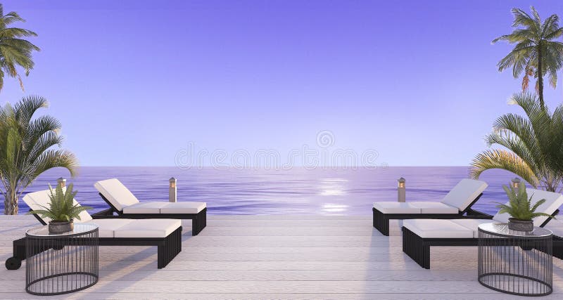 3d rendering outdoor beach bed near sea in twilight scene stock illustration