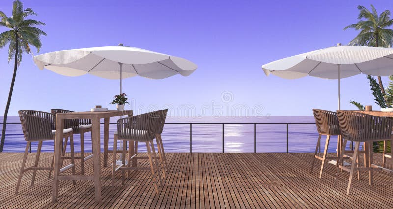 3d rendering outdoor wooden dining set near beach in the evening royalty free illustration
