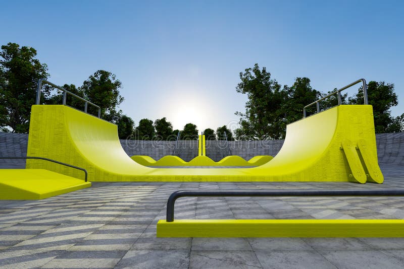 Outdoors Skate Park in Yellow Theme at Evening Twilight Stock