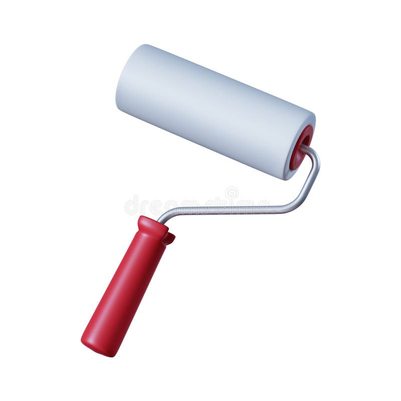 3d Rendering, Paint Roller with Red Handle, Painting Tool Isolated on White Background