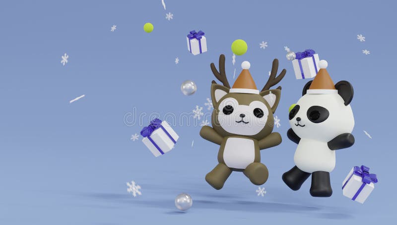 3d rendering panda and reindeer jump and happy with four giftboxs and snowflake. Merry christmas and happy new year royalty free illustration.