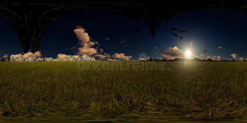 3d rendering panorama with flying alien ships royalty free illustration