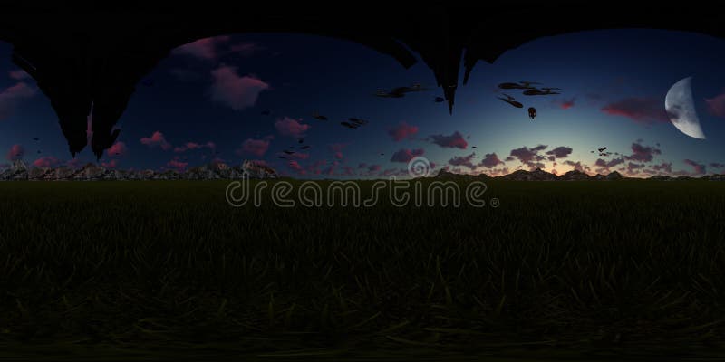 3d rendering panorama with flying alien ships stock illustration
