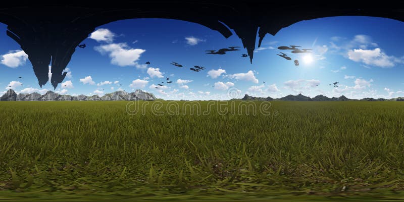 3d rendering panorama with flying alien ships vector illustration