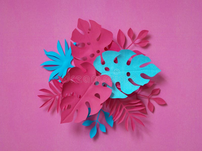 3d rendering, paper art, neon tropical leaves, floral background, paper art flowers, botanical arrangement, vibrant palette