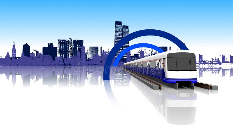 3D Rendering Perspective View of Electric Train with Rails with Urban City Background on Reflect. royalty free illustration 3D Rendering Perspective View of Electric Train with Rails with Urban City Background on Reflect. royalty free illustration