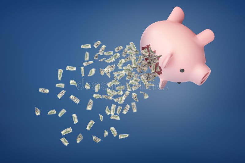 3d rendering of a piggy bank upside down with its back split open and dollar bills falling out. Life savings. Deposit holders. Making money.