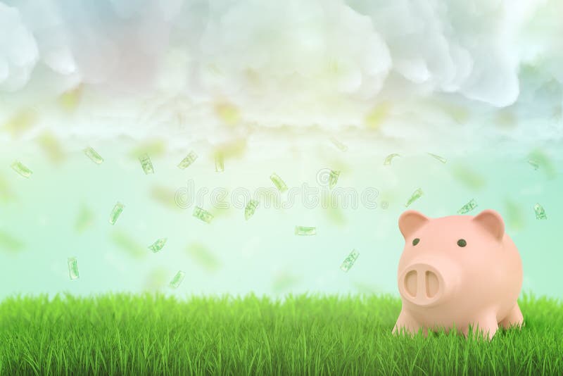 3d rendering of pink piggy bank with money dollars in the air on green grass and white clouds background. Banking and finance. Business success. Management and income.