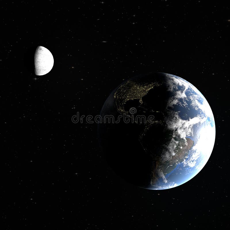 3d rendering planety ziemia z nocy miastami Ameryka i księżyc, stronniczo iluminującymi słońcem elementy jest ilustracji 3d rendering planety ziemia z nocy miastami Ameryka i księżyc, stronniczo iluminującymi słońcem elementy jest ilustracji