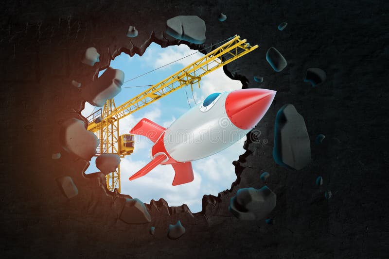 3d rendering podnosić dźwigowego przewożenia astronautyczną rakietę i łamanie ścienną opuszcza dziury w nim z niebieskim niebem w ilustracji