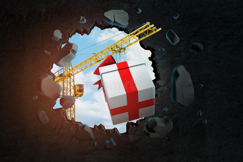 3d rendering podnosić dźwigowego przewożenia białego giftbox wiązał z czerwoną faborku i łamania dziurą w czerni ścianie z niebie royalty ilustracja