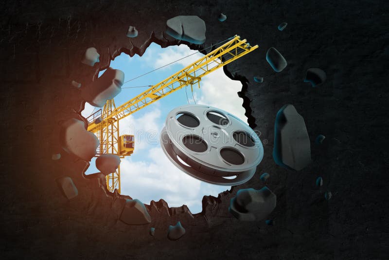 3d rendering podnosić dźwigowego przewożenia ekranową rolkę i łamania czerni ścienną opuszcza dziury w nim z niebieskim niebem widzieć przez dziury Filmowa? proces Inwestuje w robić Budów nowe lokacje