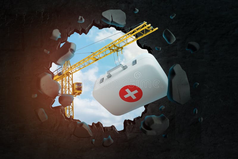 3d rendering podnosić dźwigowego przewożenia medyczną torbę i łamanie ścienną opuszcza dziury z niebieskim niebem widzieć ilustracji