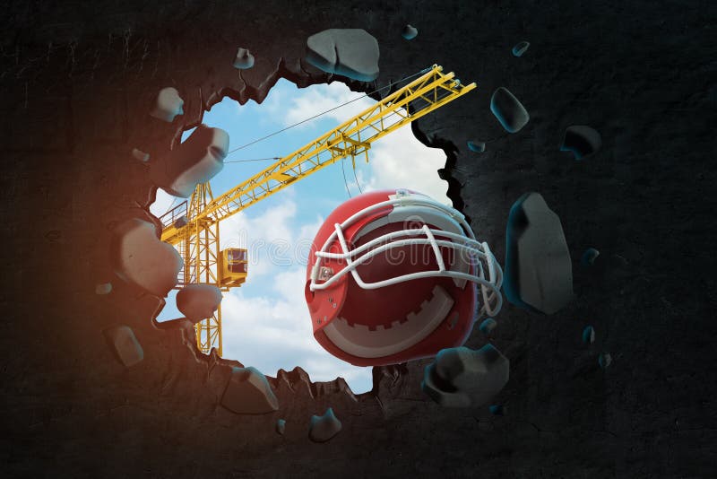 3d rendering podnosić dźwigowego przewożenie hełm dla futbolu amerykańskiego i łamania dziury w czerni ścianie z niebieskim niebe ilustracji