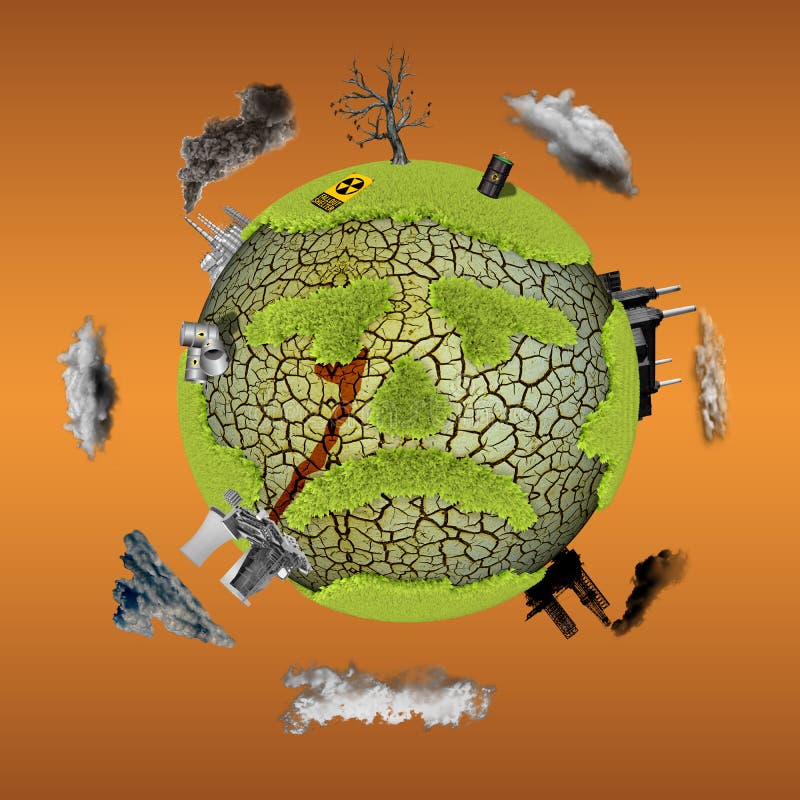 3D rendering polluted planet earth, pipes, smoke with a sad face vector illustration 3D rendering polluted planet earth, pipes, smoke with a sad face vector illustration