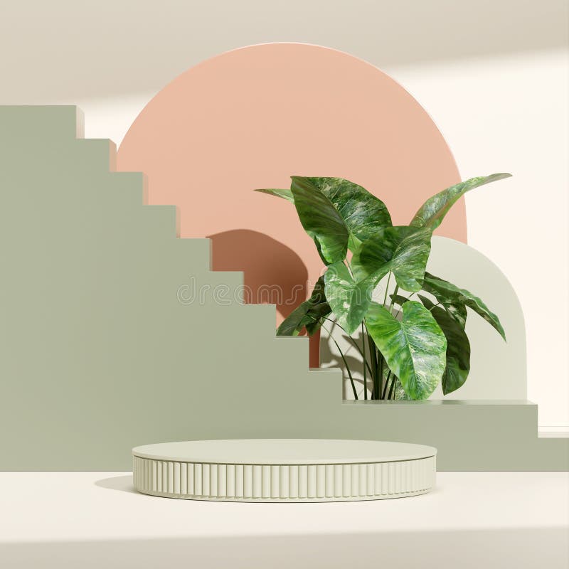 3D rendering product display podium with plant geometrical stairs a circle an arch in the background stock photography