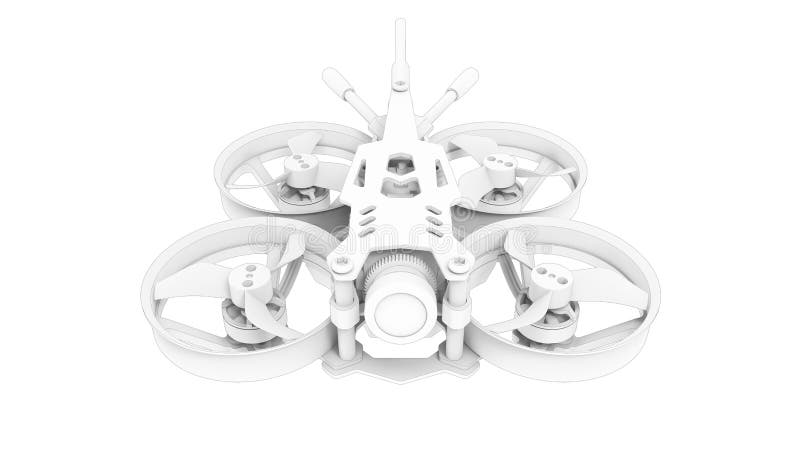 3D rendering of a race drone cinematic footage tool computer model on white background.