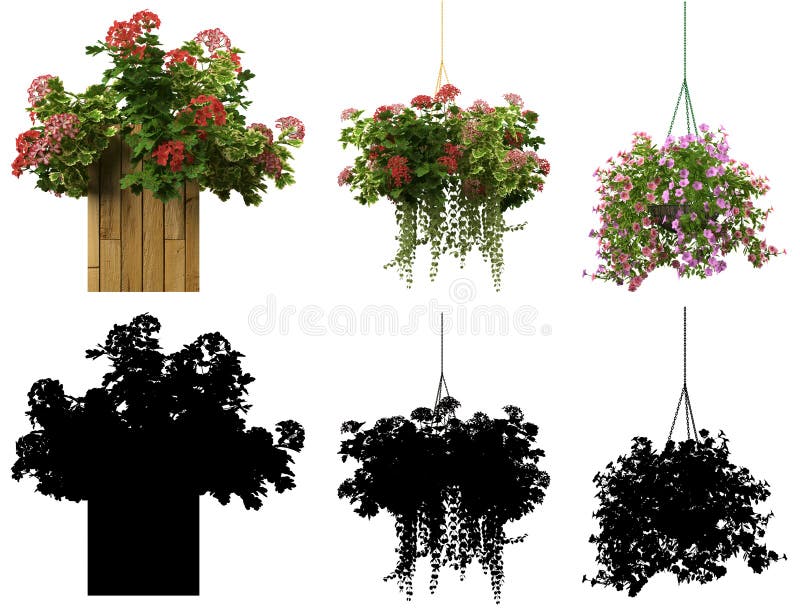 3d rendering of a realistic flower pot collection isolated on white with alpha matt object