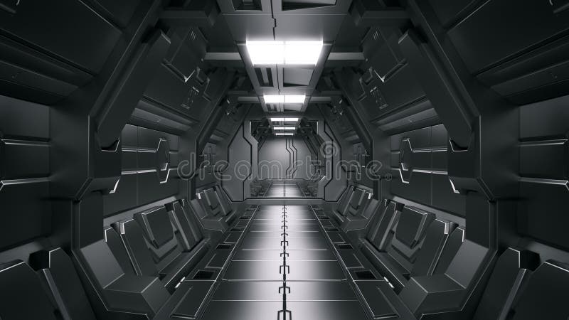 3D rendering of realistic sci-fi spaceship corridor Science background stock illustration