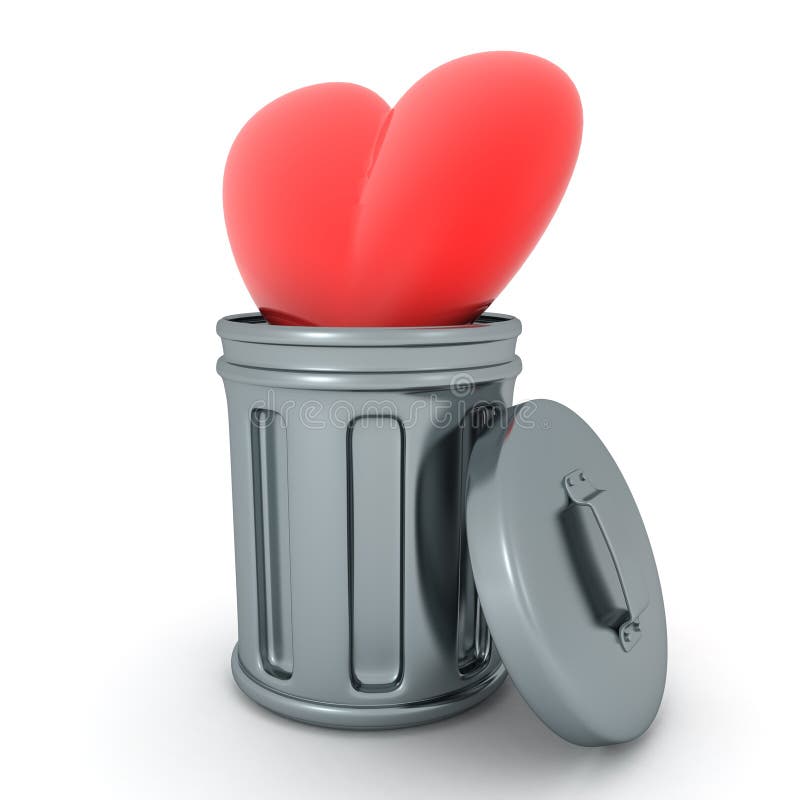3D Rendering of red cartoon heart thrown in trash can vector illustration