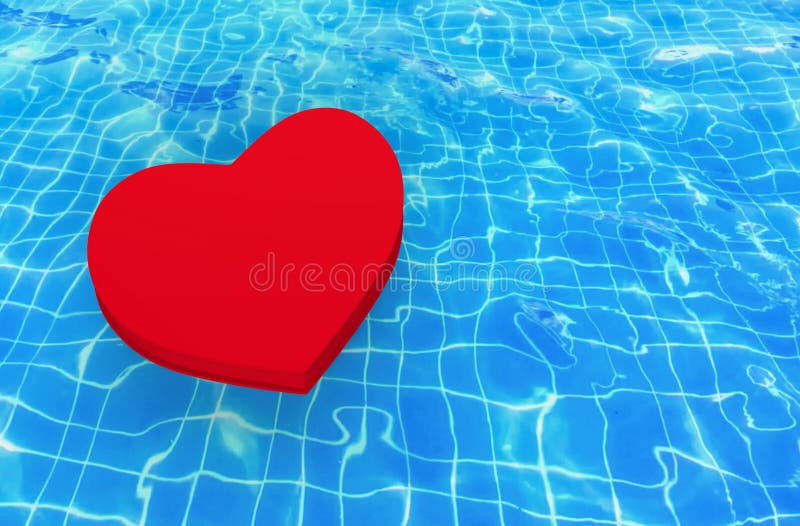 3d rendering. A red heart floating on waving swimming pool surface background. royalty free illustration