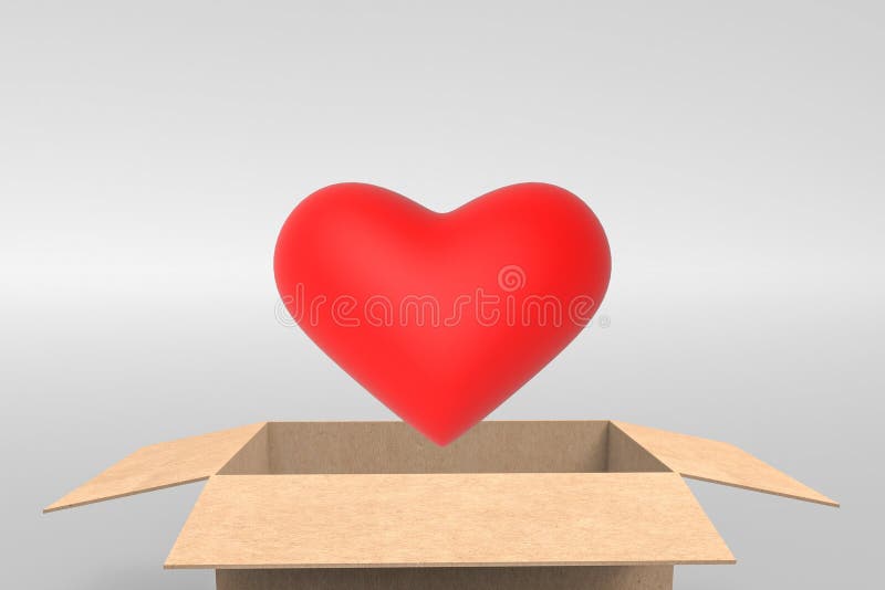 3d rendering. A red heart shape object eject from opened paper brown box on copy space gray background.