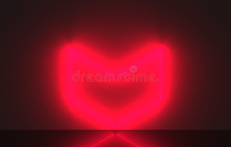 3d rendering. A red neon heart shape light design on dark wall background. stock illustration