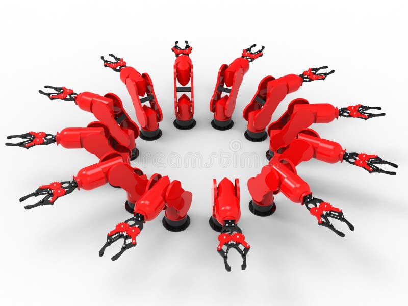 3D rendering - red robotic arms circular array stock illustration