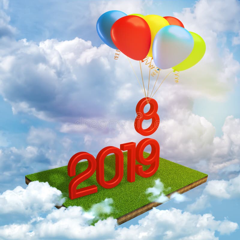 3d rendering of red `2019` sign on green field model with `8` number floating away tied to colorful balloons royalty free illustration 3d rendering of red `2019` sign on green field model with `8` number floating away tied to colorful balloons royalty free illustration