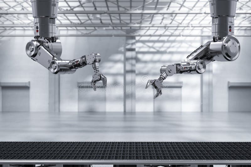 Robot arm with conveyor line stock illustration